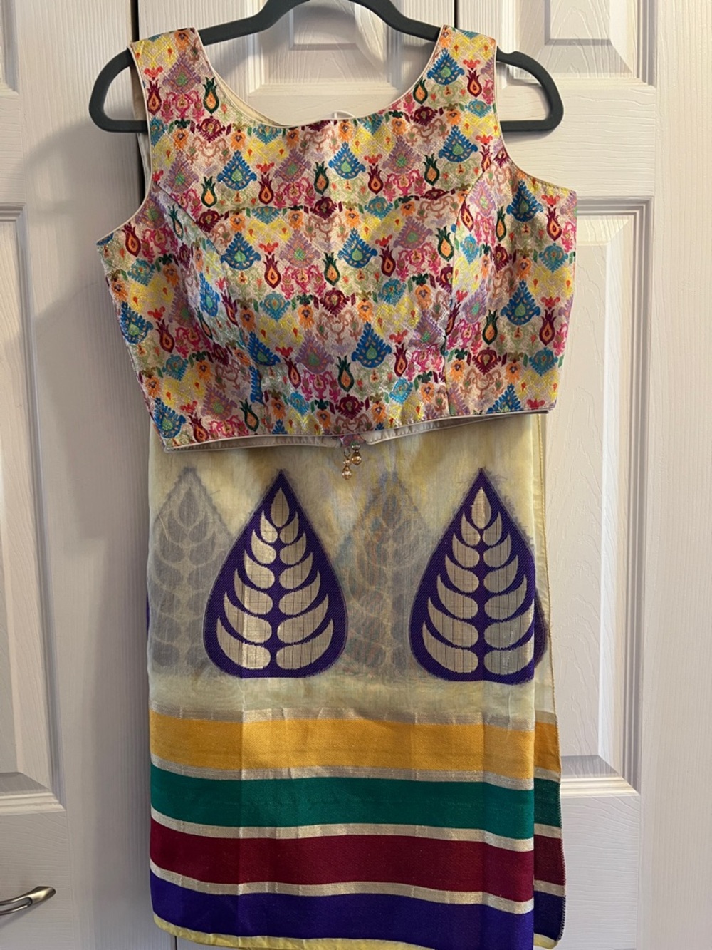 Colorful Printed Crop Top and hand loom Saree Set